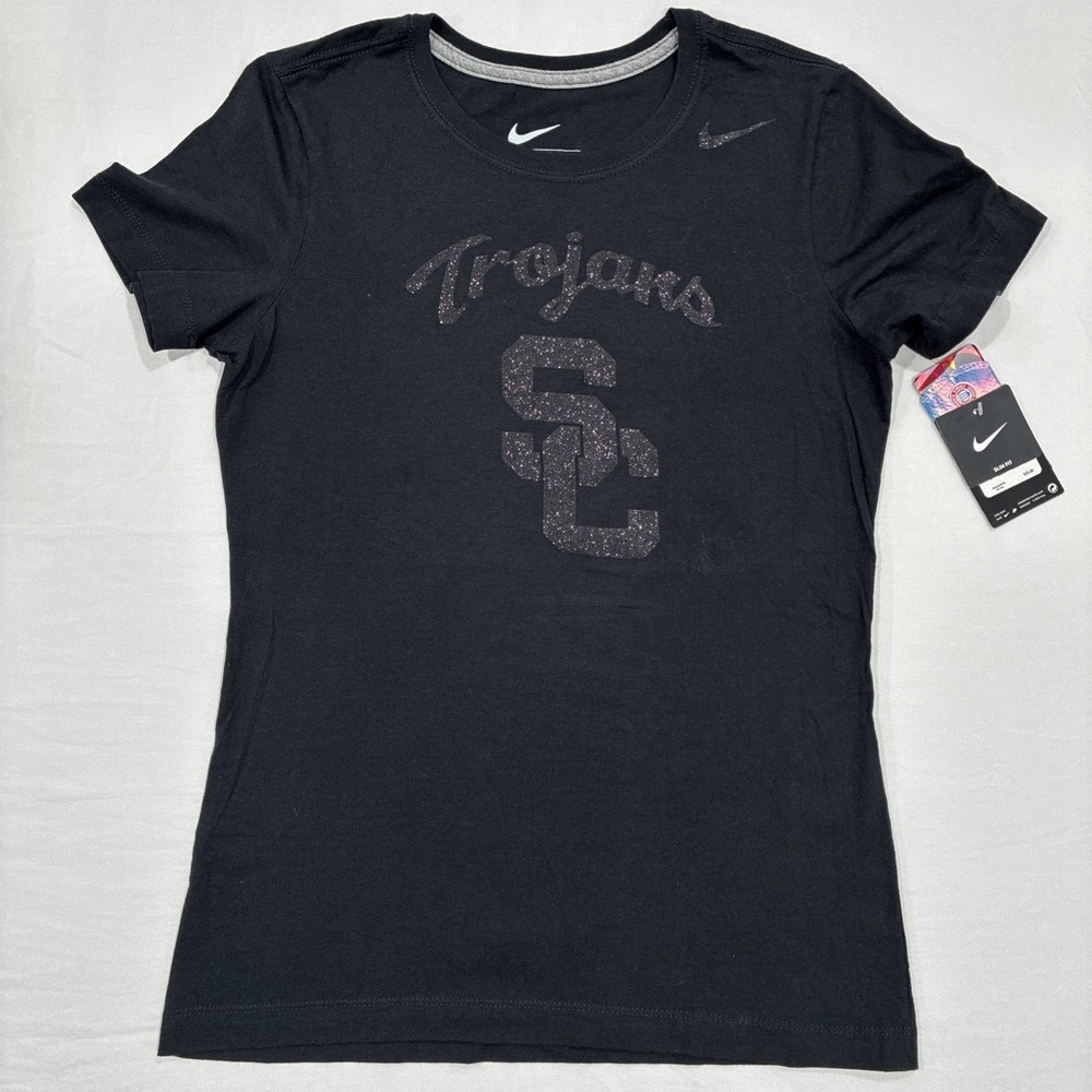 Nike SC Trojans T-Shirt Women's Large Black Slim Fit College Football Glitter‎